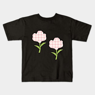 Pink Gingham Flower Design Kids T-Shirt